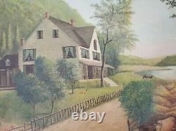 Antique Birdseye primitive folk art old school oil painting Homestead harvest