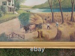 Antique Birdseye primitive folk art old school oil painting Homestead harvest