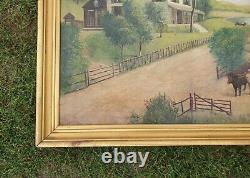 Antique Birdseye primitive folk art old school oil painting Homestead harvest