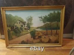 Antique Birdseye primitive folk art old school oil painting Homestead harvest