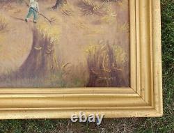 Antique Birdseye primitive folk art old school oil painting Homestead harvest