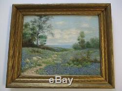 Antique Blue Bonnet Landscape Painting Edwin Signed 19th 20th Century Oil Old