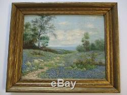 Antique Blue Bonnet Landscape Painting Edwin Signed 19th 20th Century Oil Old