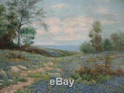 Antique Blue Bonnet Landscape Painting Edwin Signed 19th 20th Century Oil Old
