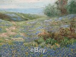 Antique Blue Bonnet Landscape Painting Edwin Signed 19th 20th Century Oil Old