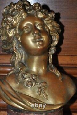 Antique Bronze Bust Flora Clodion Woman Hair Signed Marble Base Rare Old 19th