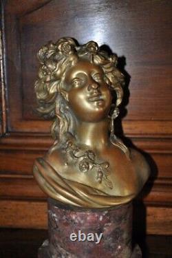 Antique Bronze Bust Flora Clodion Woman Hair Signed Marble Base Rare Old 19th