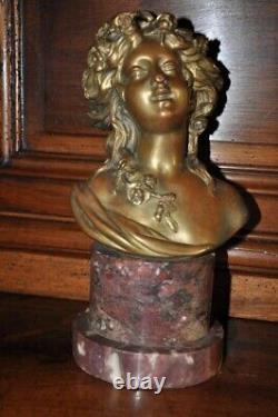 Antique Bust Bronze Clodion Woman Hair Signed Flora Marble Base Rare Old 19th