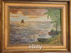 Antique CONTINENTAL Old RIVER VALLEY SAILBOAT LANDSCAPE Oil PAINTING 20 x 14 In