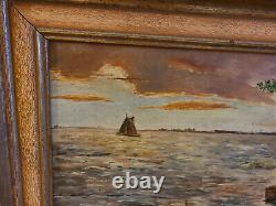 Antique CONTINENTAL Old RIVER VALLEY SAILBOAT LANDSCAPE Oil PAINTING 20 x 14 In