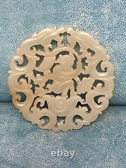 Antique Chinese Han Dy Old Jade Carved Double Dragon & Little Boy. 58MM Pend