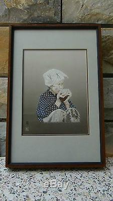 Antique Chinese Silk Embroidery Portrait Of Old Woman With Tea Cup, Signed