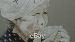 Antique Chinese Silk Embroidery Portrait Of Old Woman With Tea Cup, Signed