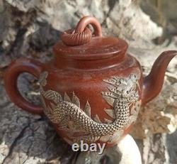 Antique Chinese Yixing Teapot Dragon Decor Signed Lid Rare Old 19th
