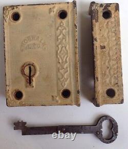 Antique DOOR cast iron RIM LOCK with RARE folding KEY dead bolt EARLY hardware