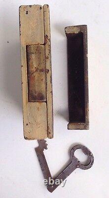 Antique DOOR cast iron RIM LOCK with RARE folding KEY dead bolt EARLY hardware