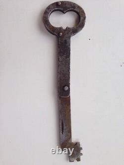 Antique DOOR cast iron RIM LOCK with RARE folding KEY dead bolt EARLY hardware