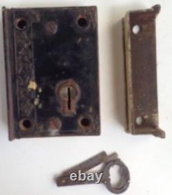 Antique DOOR cast iron RIM LOCK with RARE folding KEY dead bolt EARLY hardware