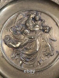 Antique Dish Fruit Stand Bronze Mother Kid Angel Germany Sign Art Rare Old 19th