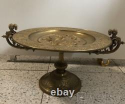 Antique Dish Fruit Stand Bronze Mother Kid Angel Germany Sign Art Rare Old 19th