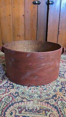 Antique Early Primitive Wood Bail Handle Pantry Box Old Red Paint 12.5 Signed