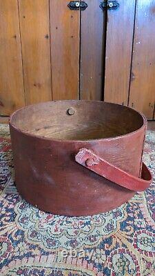 Antique Early Primitive Wood Bail Handle Pantry Box Old Red Paint 12.5 Signed