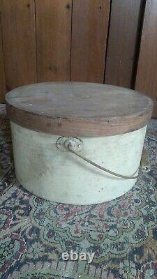 Antique Early Wood Bail Handle Pantry Box Old Ivory Paint Markd Holman N. H 11.5