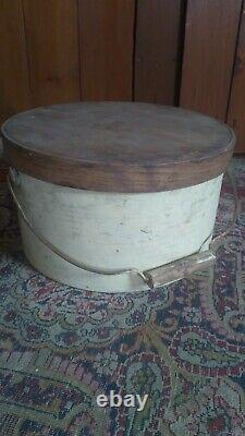 Antique Early Wood Bail Handle Pantry Box Old Ivory Paint Markd Holman N. H 11.5