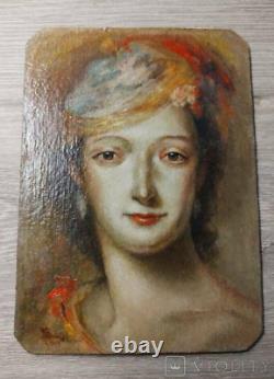 Antique Female Portrait Painting Woman Signed Wood Frame Cardboard Rare Old 20th