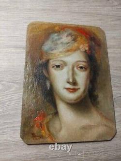 Antique Female Portrait Painting Woman Signed Wood Frame Cardboard Rare Old 20th
