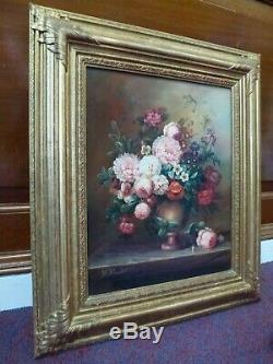 Antique Floral flowers Oil board painting signed H Flaubert Old Art gold frame