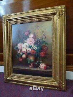 Antique Floral flowers Oil board painting signed H Flaubert Old Art gold frame