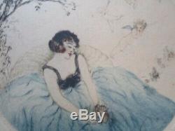 Antique French Etching Old Portrait Woman Female Model Art Deco Signed Cherubs