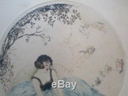 Antique French Etching Old Portrait Woman Female Model Art Deco Signed Cherubs