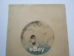 Antique French Etching Old Portrait Woman Female Model Art Deco Signed Cherubs