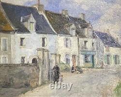 Antique French Impressionist Signed Oil Figures In Old Town Street Scene