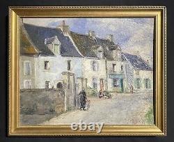 Antique French Impressionist Signed Oil Figures In Old Town Street Scene