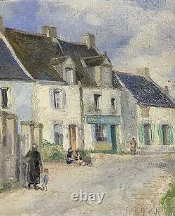 Antique French Impressionist Signed Oil Figures In Old Town Street Scene