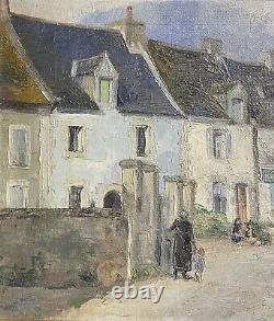 Antique French Impressionist Signed Oil Figures In Old Town Street Scene