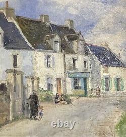 Antique French Impressionist Signed Oil Figures In Old Town Street Scene