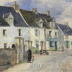 Antique French Impressionist Signed Oil Figures In Old Town Street Scene