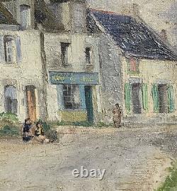 Antique French Impressionist Signed Oil Figures In Old Town Street Scene