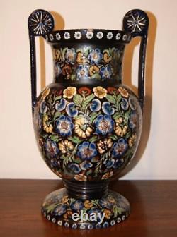 Antique French Vase Decor Ceramic Floral Liberty Style Sign Handle Rare Old 19th