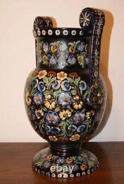 Antique French Vase Decor Ceramic Floral Liberty Style Sign Handle Rare Old 19th