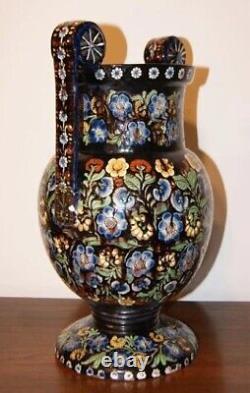 Antique French Vase Decor Ceramic Floral Liberty Style Sign Handle Rare Old 19th