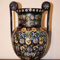 Antique French Vase Decor Ceramic Floral Liberty Style Sign Handle Rare Old 19th