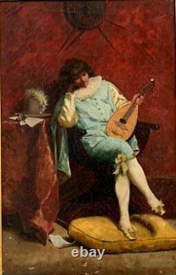 Antique Giuseppe Guzzardi Boy With Mandolin Oil on Canvas Signed Framed Old 19th
