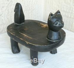 Antique Handmade primitive Wooden Baby chair stool Carved Cat Original Old paint