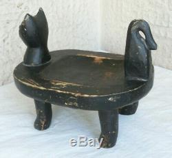Antique Handmade primitive Wooden Baby chair stool Carved Cat Original Old paint