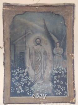Antique Icon Jesus Christ Canvas Resurrection Russian Sign Oil Paint Rare Old 20